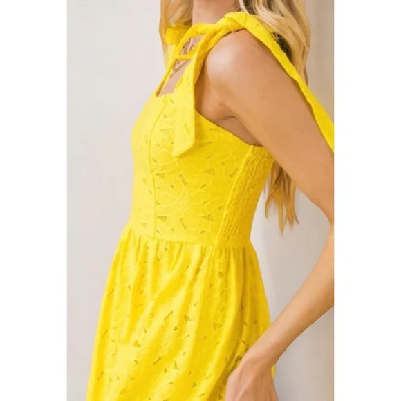 Flying Tomato Yellow Lace Double Ruffle Layer Midi Dress - Picture 3 of 8
